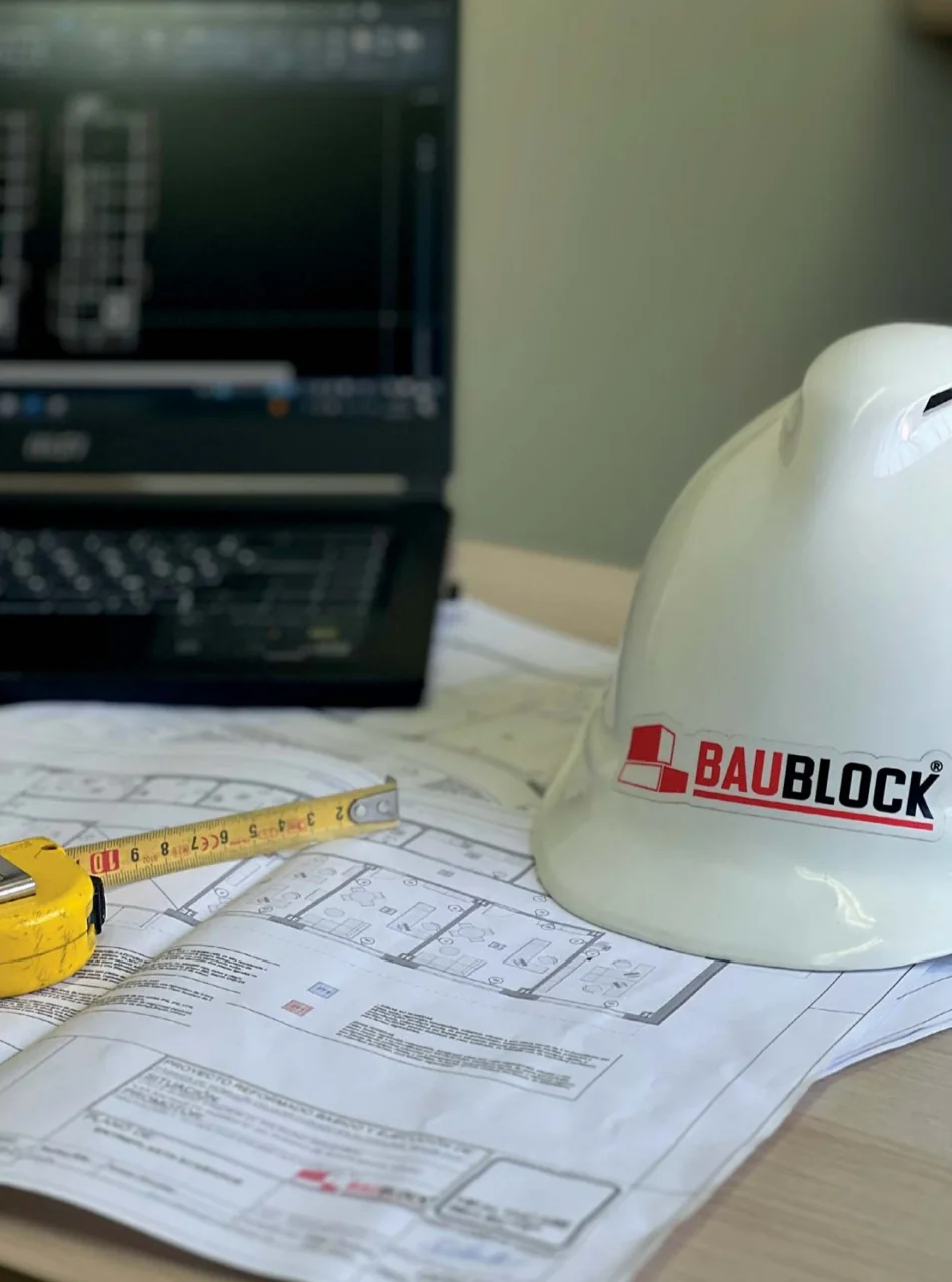 Capacete BAUBLOCK sobre plantas de construção com fita métrica – planeamento e apoio técnico ao projeto.