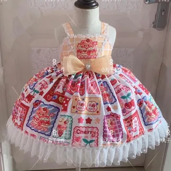 Menina do bebê do verão do vintage espanhol doce arco stap impresso vestido lolita crianças laço de costura Turquia festa de aniversário bola vestido vestido de