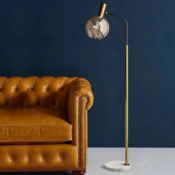 Nórdico, chão de vidro da lâmpada LED estilo Japonês de mármore lâmpada sofá da sala-de-cabeceira, candeeiro de chão de cobre preto do corpo da lâmpada e27, lâmpada do assoalho