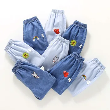 2021 Nova Moda de calças de Brim de Crianças Verão Respirável Seção Fina de Jeans, Calças Para Meninas Bonito dos desenhos animados Bordado Crianças Calças 1-6Y
