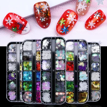 12 Redes de Unhas de Glitter floco de Neve de Neve de Natal DIY Flocos Paillette Manicure Fatia Nail Art de Decoração de Conjuntos