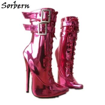 Sorbern Sexy Fetiche de Alta Calcanhar Ankle Boots Unisex Tamanho Plus Zip 18Cm Agulha Dupla Alça de Cinto cor-de-Rosa Metalizado Sapatos de Salto