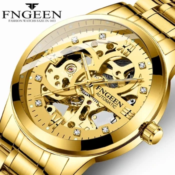 FNGEEN Transparente Esqueleto de relógios para Homens Mecânicos, Relógios de pulso Relógios de Diamante Mens Luxo de Aço Inoxidável, Pulseira de Relógio Unissex