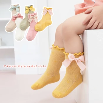 5 pares de meias de algodão fino laço arco para crianças, meias princesa malha meias de crianças meias bonito meninas meias