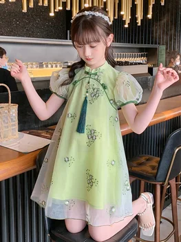 2023 Girl Dress Chiffon Verão Princesa Cheongsam Chinês Estilo de Gola alta Puff Manga Bordado de Impressão Bonitos Vestidos infantis