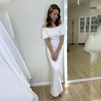 Sereia Elegante Vestido De Noiva De Cetim Curto Puff Luva Branca Simples Vestido De Noiva Comprimento Do Assoalho 2022 Feitos Para Mulheres Plus Size