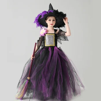 Halloween Cosplay, Longo Vestido de Bruxa para Crianças de Role-playing Festa de Formatura Vestido de Gaze Xale e Saia de Menina Vestido de Bruxa Saia Tutu