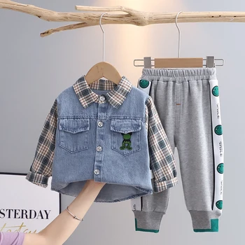 2022 primavera, outono de crianças meninos conjunto de roupa de menino jeans moda xadrez jaqueta camiseta brasão top + calça de duas peças da criança casual terno