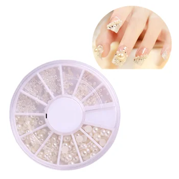 4 Tamanhos 3D Branco Pérola Strass Arte do Prego Decorações com Caixa de Roda de Pérolas de Acrílico Nail Kit de Manicure DIY Decorações