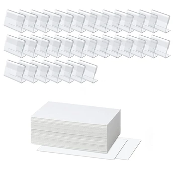 50 PCS Mini Sinal Claro de Suporte da exposição Com 50 PCS Etiquetas em Branco,Horizontal, Inclinada em Forma de L de Plástico Cartão de visita (60 X 40Mm)