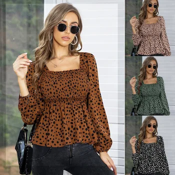 A coleção primavera / Verão Chiffon Impresso Pulôver de Gola Quadrada de Leopardo Sexy Temperamento Slim Mulheres Camisa
