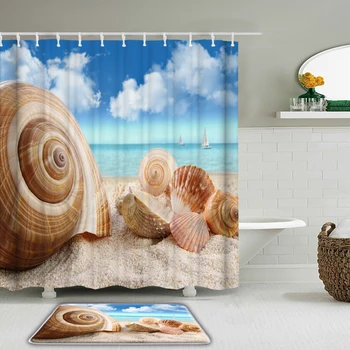 3D Praia do Mar do Impresso Cortina de Chuveiro com 12 Ganchos Oceano Shell de Paisagem Natural a Decoração Home Impermeável Cortinas de Banheiro