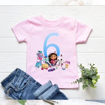 2022 Crianças t-shirts 3-13 Anos de Idade Número de Aniversário Gabbys Casa de Boneca dos desenhos animados de Impressão Meninas T-Shirts Festa de Aniversário de Roupas