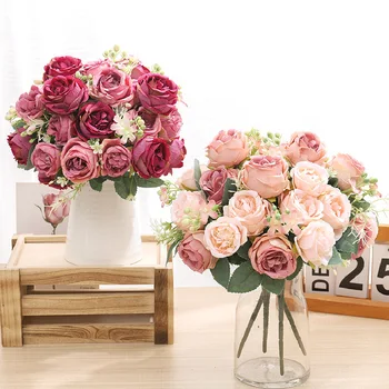 7 Falso Plantas de Flores Artificiais Requintado Buquê de Rosas Presente do Dia dos Namorados em Casa Mesa de Jantar, Quarto, Decoração de Natal
