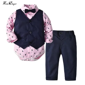 Tem Doger Menino Conjuntos de Vestuário Infantil Bebê Roupa de Meninos Cavalheiro Empate Camisas+Colete+Calça 3PCS Roupas para Recém-nascidos Roupas de Bebes