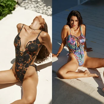 Mulheres Retro Impresso Maiô, Sexy Frente Profunda V-neck Lace-up Fechamento de Tanga Virilha Maiô para a Praia