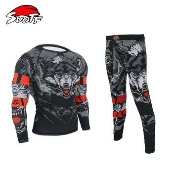 Conjunto de boxe Compressão Jersey & Calças 3D Lobo Impressão Rashguard KickBoxing Apertado Longa com T-Shirts Calças de Muay Thai, MMA Fightwear