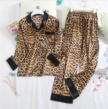 Venda quente do Leopardo de seda do pijama manga Longa 2 peças de Roupa para mulher