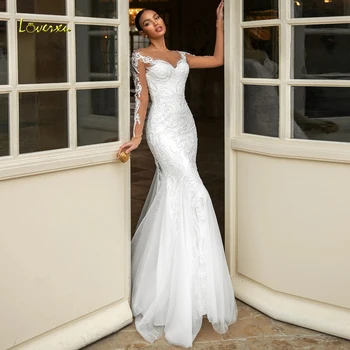 Loverxu Sereia Vestidos De Noiva Em 2022, O-Pescoço Longo Da Luva Vestidos De Noiva Apliques De Renda Frisado Destacável Trem Vestido De Noiva