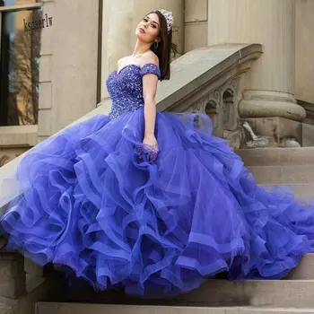Azul Vestidos de Quinceanera Vestido de baile de Luxo, Cristais, Paetês Tule de Baile, Festa de Debutantes Dezesseis Sweet 16 Vestido de vestidos de 15 anos