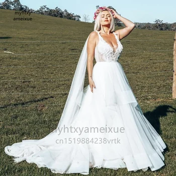 Sexy Vestido de Casamento de Luxo 2022 Profundo decote em V Apliques de Renda em Camadas sem encosto Tule Andar de Comprimento Vestido de Noiva Feito-Plus Size