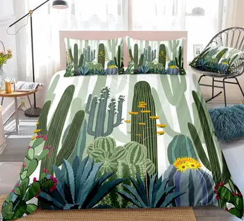 Cactus Conjunto de roupa de Cama de Plantas Tropicais, Capa de Edredão Verde de Capa de Edredão Conjunto Rainha Dropship Têxteis-Lar de Crianças Meninos Flor de Cacto 3PCS