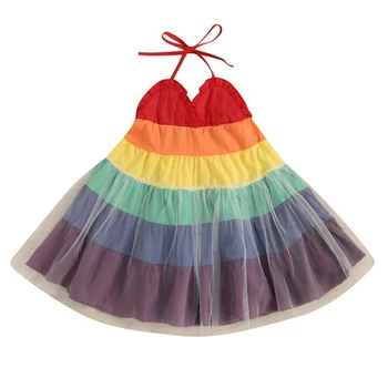 Bebê Halter Mangas Vestido de arco-íris Padrão, Alças Reguláveis Malha de Costura Plissado Roupas de Verão