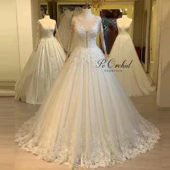 PEORCHID Vintage Rendas E Tule Frisado Capina Vestido de Mangas compridas 2020 Vestidos De Boda Noiva Pérolas de Noiva, vestidos de casamento