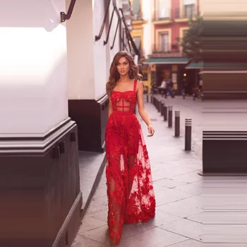 2021 Vermelho Sexy Vestidos de Baile, Consulte Através do Laço 3D Apliques Florais Pescoço Quadrado Noite de Festa Longos Vestidos suknie wieczorowe