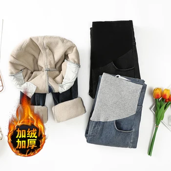 1165A# Inverno Grosso Quentes, Além de Veludo, Jeans de Maternidade em linha Reta Jeans Casual Barriga Calças de Roupas para Mulheres Grávidas Gravidez