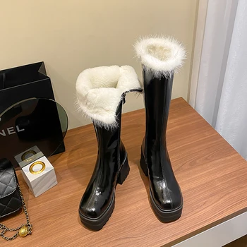 Inverno europeu botas de couro natural e quente botas de neve 22-24.5 cm de Pele, um de couro+lã de zip de lado botas de cano alto botas de plataforma