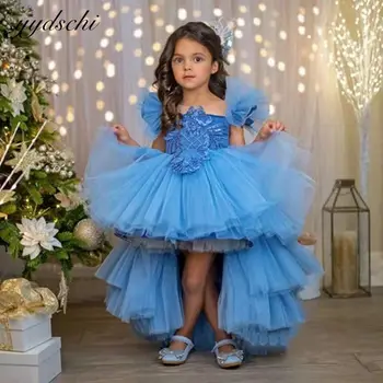 Azul De Mangas Curtas, Vestidos Da Menina De Flor Para Casamentos Tule Apliques Festa De Primeira Comunhão Baixo/Alto Vestido De Princesa Vestido De Baile 2023