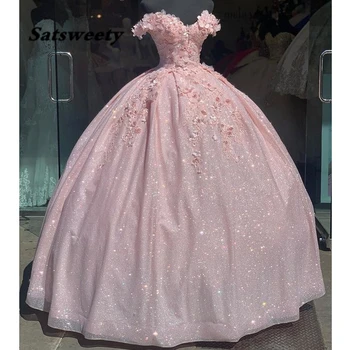 Cor-de-rosa de Cristal Cintilante Flores em 3D Vestidos de Quinceanera Bola Vestido de Ombro Fora Apliques de Doce De 15 Vestidos De XV Anos