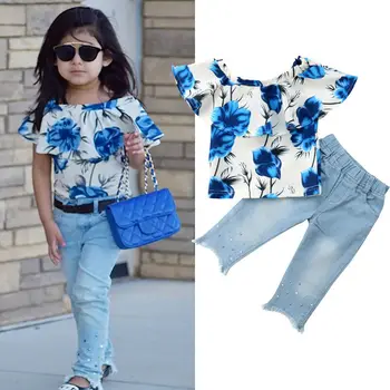 PUDCOCO Criança Menina Floral Tops, T-shirt, Calças Jeans Calças Jeans, Roupas 1-5Y