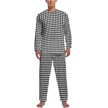 Clássico Houndstooth Pijamas De Inverno Preto E Branco A Noite Em Casa Terno Homem 2 Peças Gráficas Mangas Compridas Kawaii Pijama Conjuntos