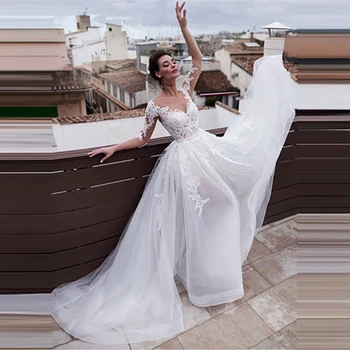 Chique Apliques de Renda Vestido de Noiva de Organza Ilusão V-pescoço Mini Vestidos de Noiva Com Trem Destacável Único Sopro Vestidos de Noiva