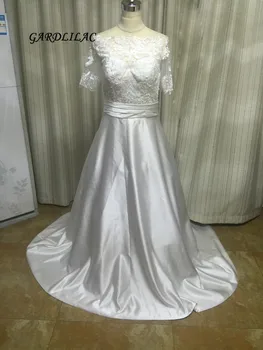 Novo Casamento Branco Plus Size Vestidos de 2019 de Renda com mangas Curtas Vestido de Noiva de Uma linha de Vestido de Noiva Tribunal Trem Vestido de noiva