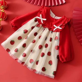Crianças Vestidos Primavera Verão Morango Tule Vestidos para Crianças de Roupa de Criança de Bebê Meninas Roupa de Verão, Vestidos de Raparigas 2021