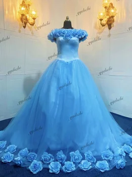 Encantador Azul Off Ombro Vestidos de Quinceanera 2022 Princesa Vestido de baile Sweet 16 de Tule Flores em 3D Apliques de Vestidos De 15 Anos
