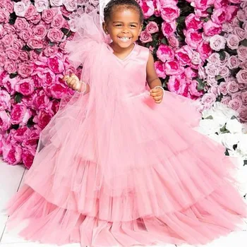 Cor-de-rosa Simples com Camadas de Vestidos da Menina de Flor de Tule com decote em V Vestido de Festa de Aniversário Concurso Formal de Crianças Costumes