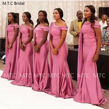 Dusty Rose Sereia Vestidos De Dama De Honra Com Cabo De Comprimento Chão Espartilho Plus Size Cetim Preto Meninas De Convidados Do Casamento Vestidos De 2021