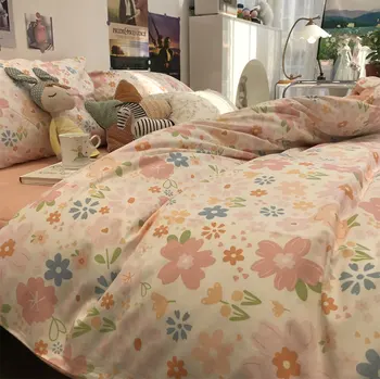 Bonito-doce cor-de-rosa laranja flor azul conjunto de roupa de cama da menina,linda algodão twin completo rainha têxteis lar lençol fronha de capa de edredão