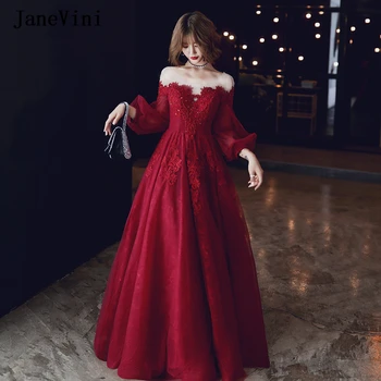 JaneVini Elegante Borgonha Longo de Baile, Vestidos com Mangas Inchadas 2020 Pescoço de Colher Apliques Frisados Uma Linha de Vestidos de Noite para as Mulheres