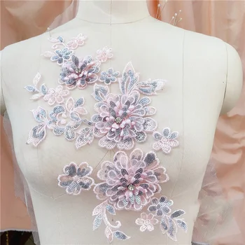 2Pieces Esferas de Apliques de Renda Flor 3D Floral Guarnição de Lantejoulas Patch Bordado DIY Artesanato Material Para o Vestido de Casamento 18x32cm