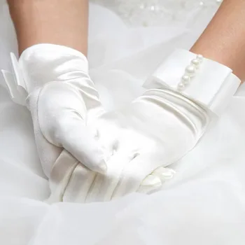 Retro Cetim Bege Feminino Casamento de Pulso de Dedo Luvas com Pérola para as Mulheres Senhora Curto Casamento Acessórios para Noivas