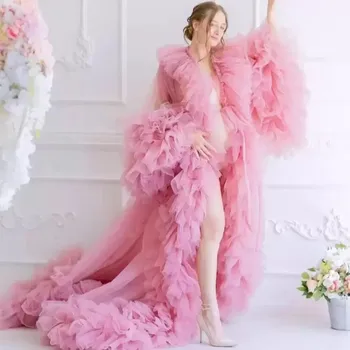 Cor-de-rosa Vestido de Estrela para a sessão de Fotos de Pescoço de V de Alta Dividir Uma Linha de Mulheres Vestes Com Flores em 3D Sexy, Fofo Festa de chá de Bebê e Vestidos