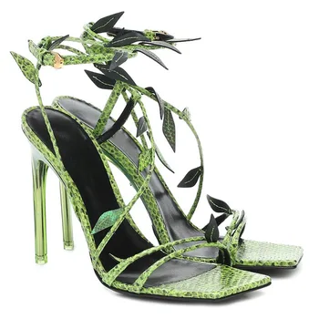 2020 Verão Sandálias Das Mulheres Verde Serpentina Pulseira De Tornozelo Quadrado De Salto Alto Calçados Femininos De Moda Festa De Sapatos De Senhoras Zapatos Mujer