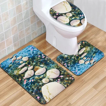 3-peça Wc tampa Tampa de Banheiro antiderrapante, Tapete de absorção de Água Tapete na Porta de casa, Decoração do Tapete 3D Pedra Impressão de Flanela Tapete
