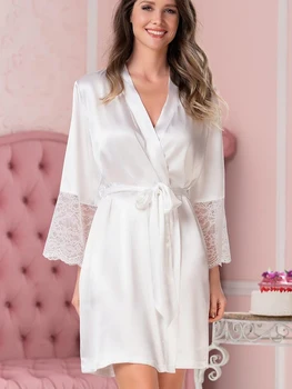 Tulin Moda Manto de Mulheres Pijama Laço da Mulher de Camisola Branca Camisola Ver Através Roupão de banho Feminino Total Mangas compridas Vestes Loungewear