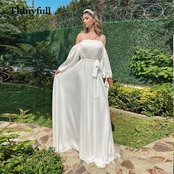 2021 Uma Simples Linha De Espaguete Strps Vestidos De Noiva Off Ombro Folhas De Chiffon Plissado Vestido De Noiva Com Mangas Compridas Vestido De Princesa